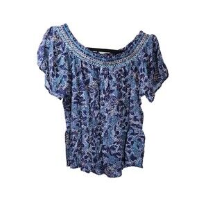 ​Maurices Womens M Blue Off Shoulder Smocked Embroidered Floral Print Blouse